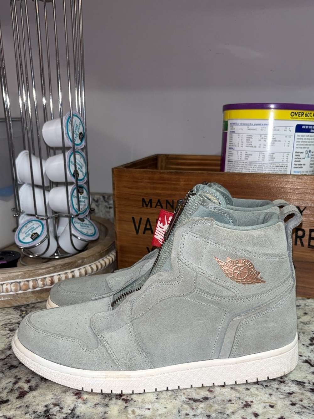 Jordan Zip-Front Suede Sneakers in Light Gray with Red Nike Tag - Picture 4 of 5